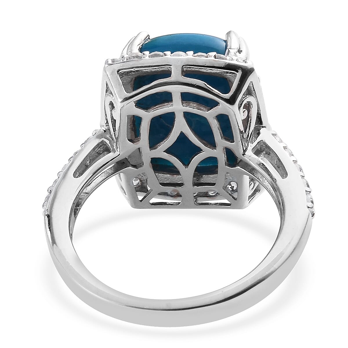 Natural Peruvian Peacock Opalina (Cush 14x10 mm), Natural Cambodian Zircon Ring in Platinum Overlay Sterling Silver 6.00 Ct.