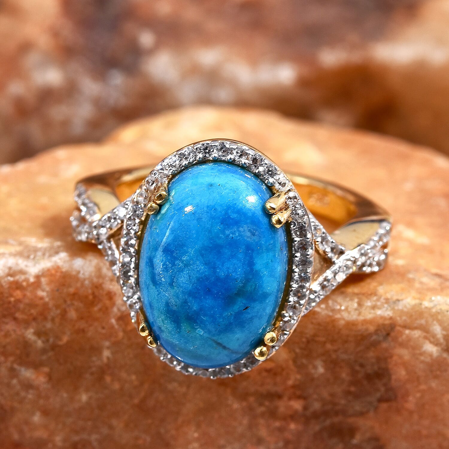 Natural Peruvian Peacock Opalina (Ovl 14x10 mm), Natural Cambodian Zircon Ring in 14K Gold Overlay Sterling Silver 5.000 Ct.