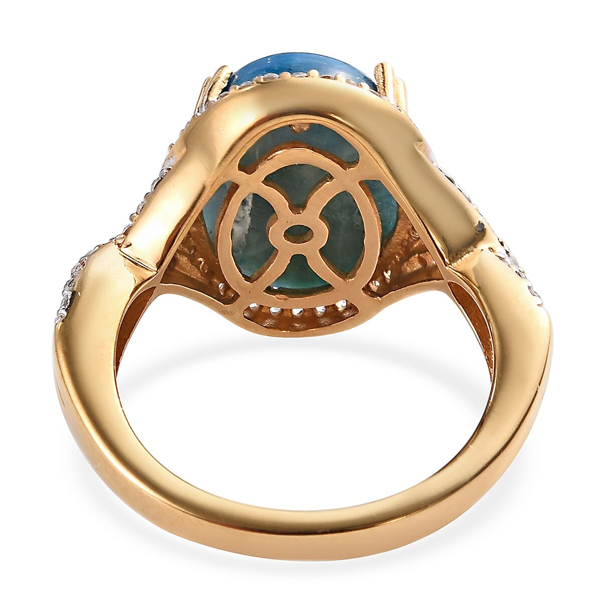 Natural Peruvian Peacock Opalina (Ovl 14x10 mm), Natural Cambodian Zircon Ring in 14K Gold Overlay Sterling Silver 5.000 Ct.