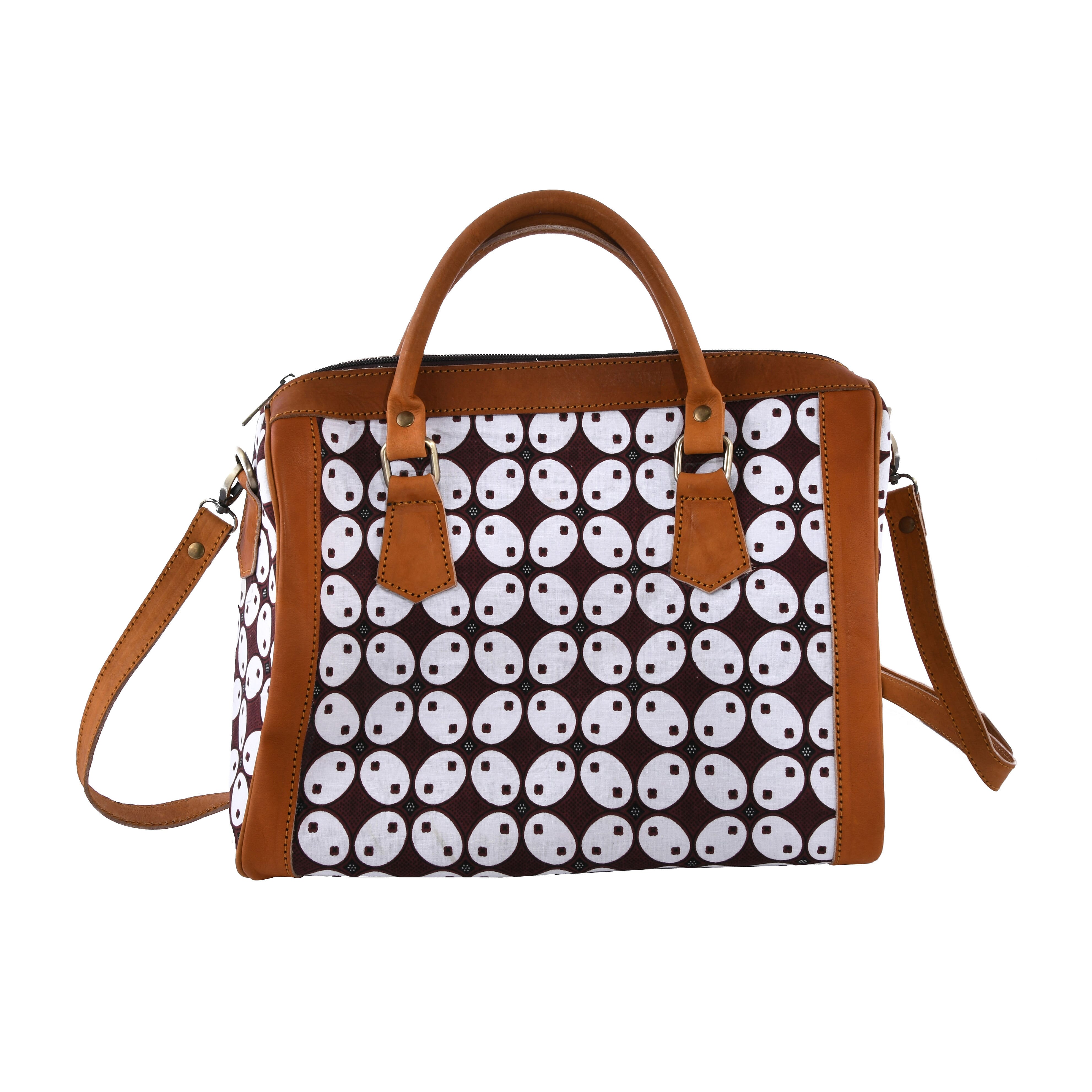 Genuine Leather Hand Crafted Batik Handbag with Detachable Shoulder Strap (Size 31x18x25 Cm) - White and Maroon