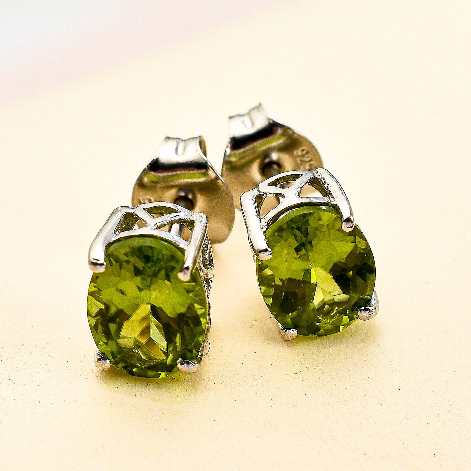 Natural Hebei Peridot  Earrings ( Push Back)  in Platinum Overlay Sterling Silver 2.69 Ct.