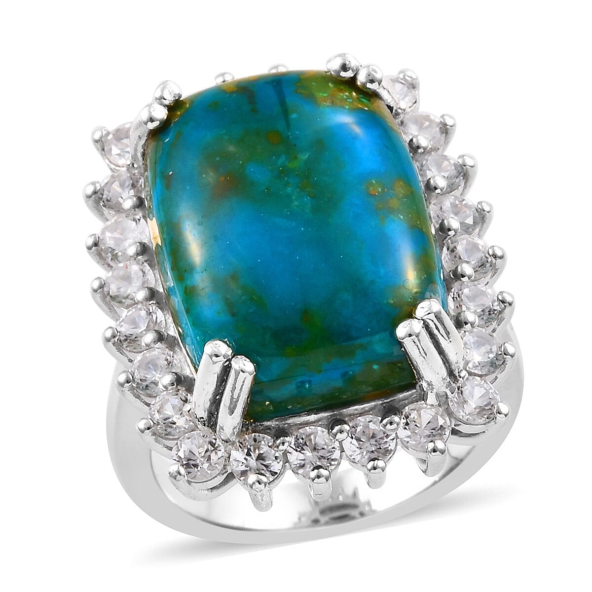 Natural Peruvian Peacock Opalina (Cush 18x13 mm), Natural Cambodian Zircon Ring in Platinum Overlay Sterling Silver 12.00 Ct, Silver wt 6.50 Gms.