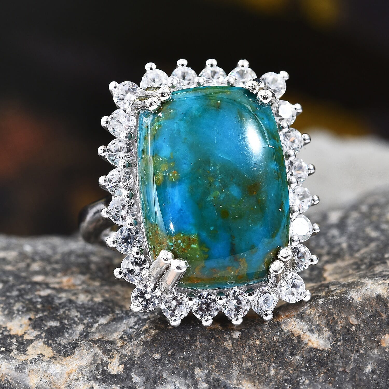 Natural Peruvian Peacock Opalina (Cush 18x13 mm), Natural Cambodian Zircon Ring in Platinum Overlay Sterling Silver 12.00 Ct, Silver wt 6.50 Gms.