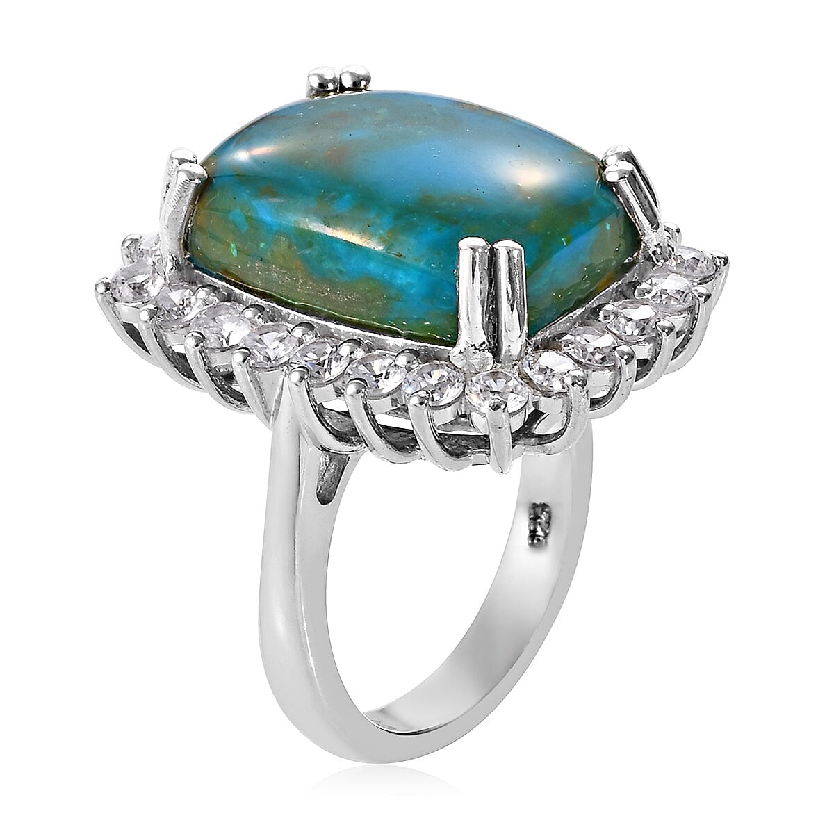 Natural Peruvian Peacock Opalina (Cush 18x13 mm), Natural Cambodian Zircon Ring in Platinum Overlay Sterling Silver 12.00 Ct, Silver wt 6.50 Gms.