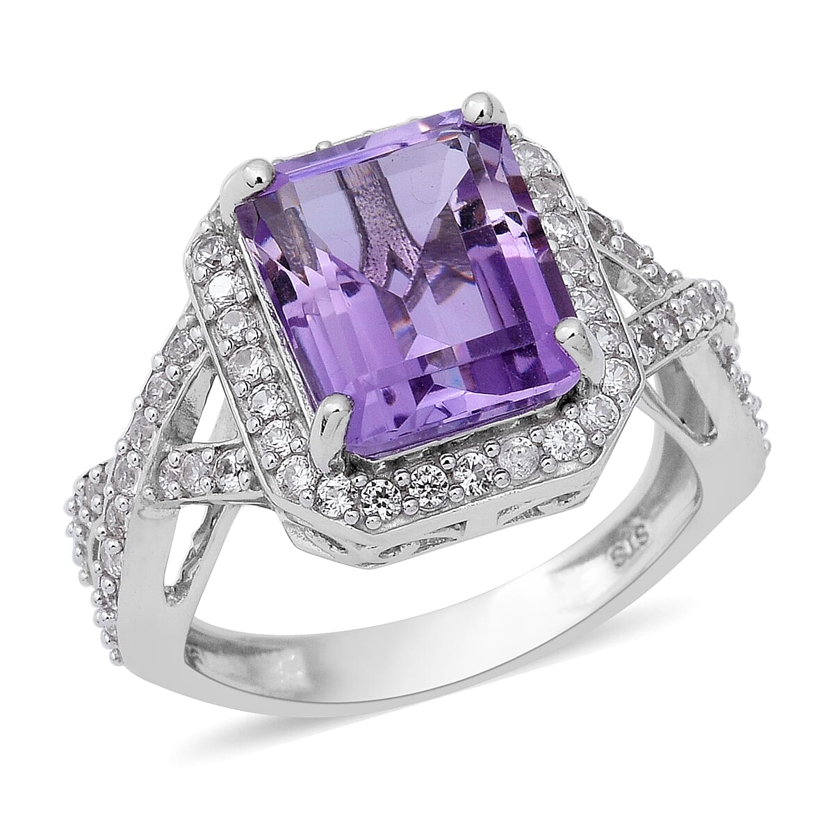 Rose De France Amethyst (Oct 12x10 mm), Natural White Cambodian Zircon Ring in Rhodium Overlay Sterling Silver 7.41 Ct, Silver wt 5.00 Gms.