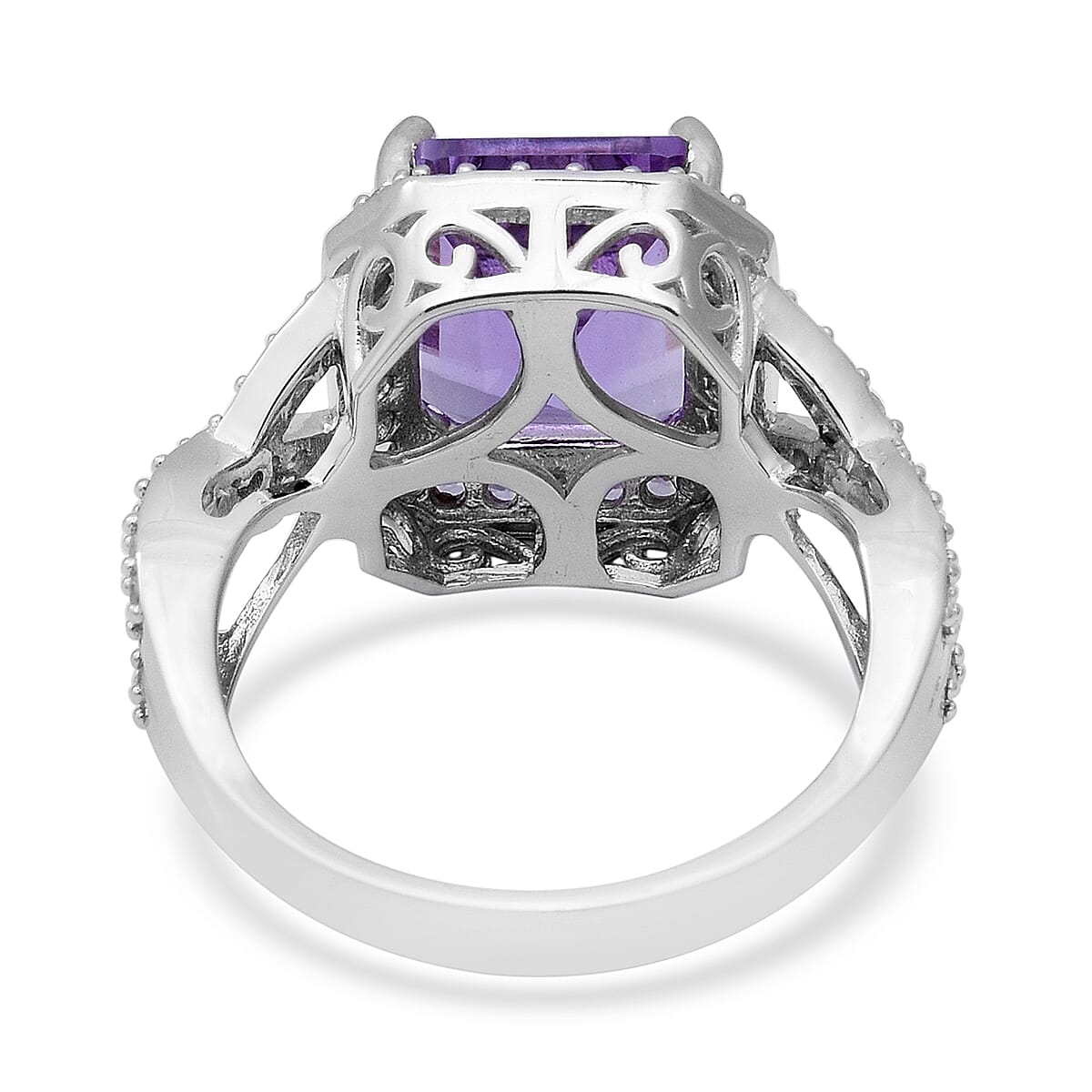Rose De France Amethyst (Oct 12x10 mm), Natural White Cambodian Zircon Ring in Rhodium Overlay Sterling Silver 7.41 Ct, Silver wt 5.00 Gms.