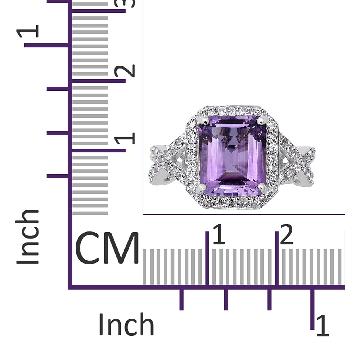 Rose De France Amethyst (Oct 12x10 mm), Natural White Cambodian Zircon Ring in Rhodium Overlay Sterling Silver 7.41 Ct, Silver wt 5.00 Gms.