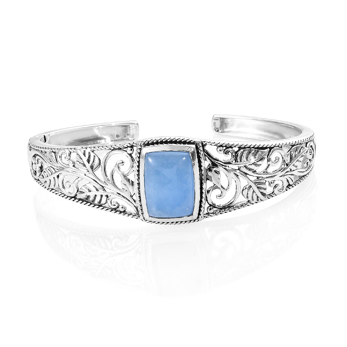 Blue Jade (Cush 18x13 mm) Cuff Bangle in Sterling Silver 16.75 Ct, Silver wt 28.64 Gms (Size 7 - 7.5)