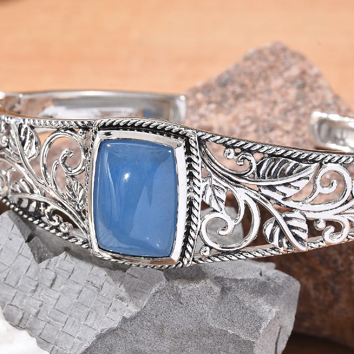 Blue Jade (Cush 18x13 mm) Cuff Bangle in Sterling Silver 16.75 Ct, Silver wt 28.64 Gms (Size 7 - 7.5)