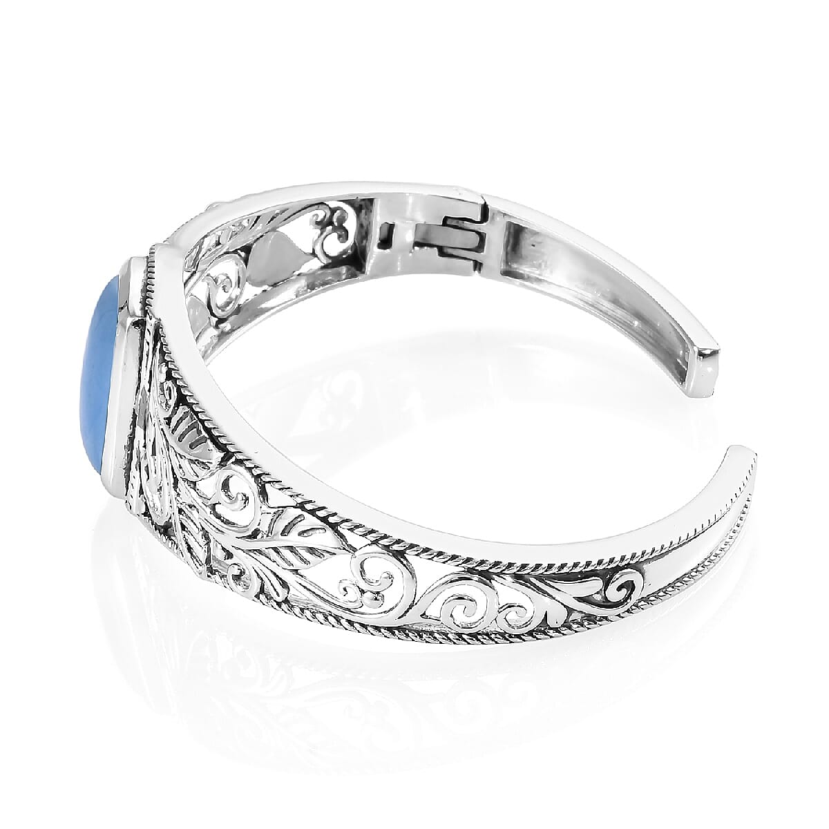 Blue Jade (Cush 18x13 mm) Cuff Bangle in Sterling Silver 16.75 Ct, Silver wt 28.64 Gms (Size 7 - 7.5)