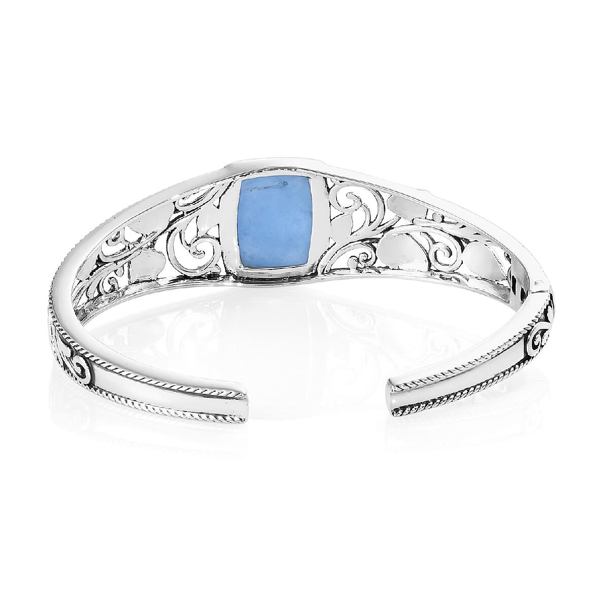Blue Jade (Cush 18x13 mm) Cuff Bangle in Sterling Silver 16.75 Ct, Silver wt 28.64 Gms (Size 7 - 7.5)