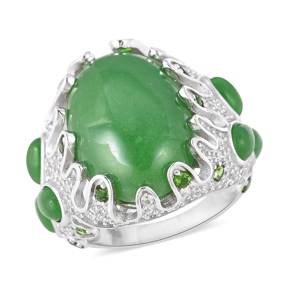 Green Jade (Ovl 22x15 mm), Natural White Cambodian Zircon and Chrome Diopside Ring in Rhodium Overlay Sterling Silver 25.40 Ct, Silver wt 8.5 Gms.
