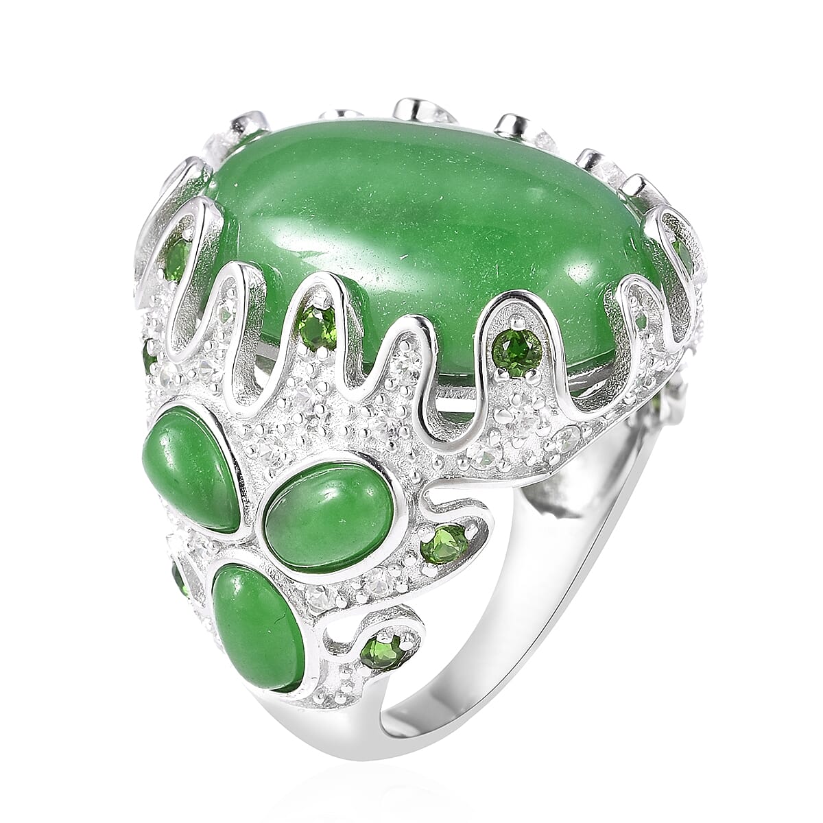 Green Jade (Ovl 22x15 mm), Natural White Cambodian Zircon and Chrome Diopside Ring in Rhodium Overlay Sterling Silver 25.40 Ct, Silver wt 8.5 Gms.