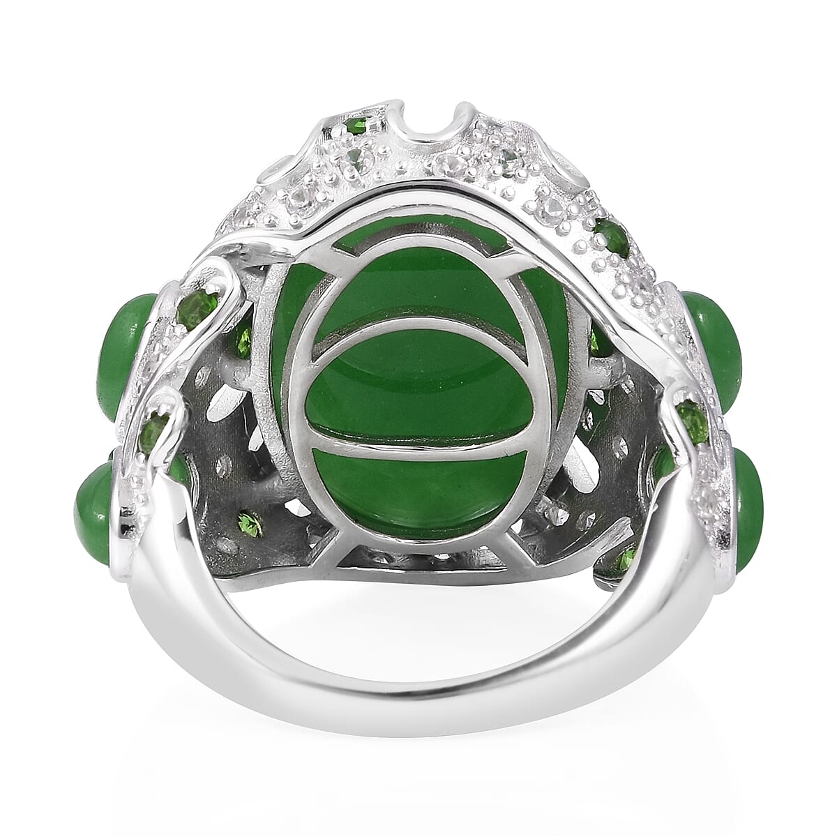Green Jade (Ovl 22x15 mm), Natural White Cambodian Zircon and Chrome Diopside Ring in Rhodium Overlay Sterling Silver 25.40 Ct, Silver wt 8.5 Gms.