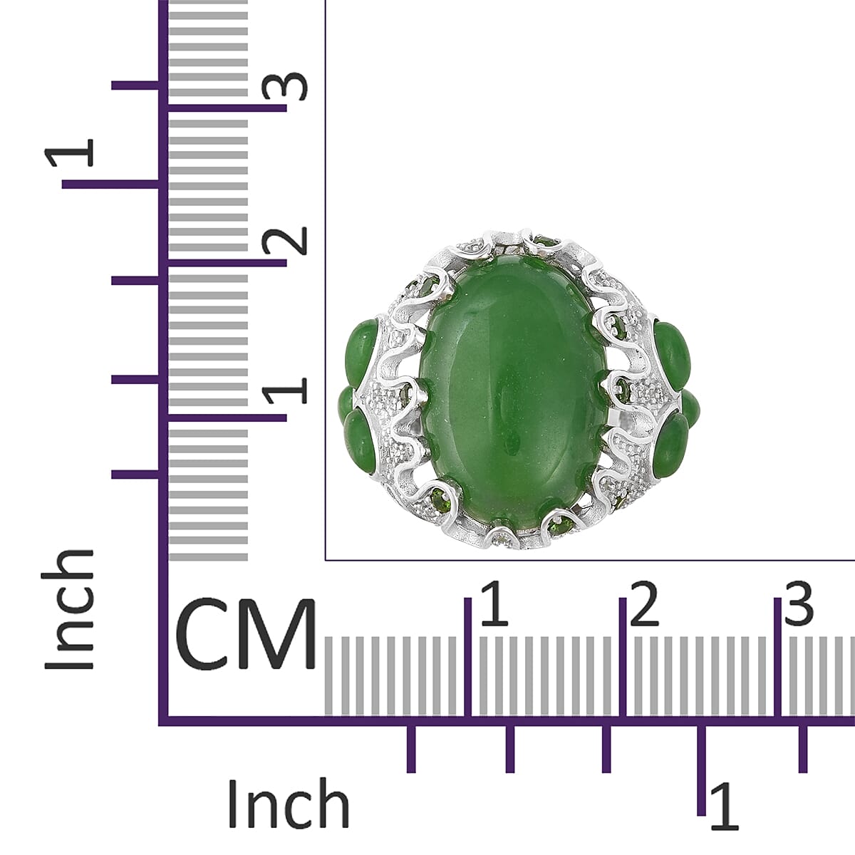 Green Jade (Ovl 22x15 mm), Natural White Cambodian Zircon and Chrome Diopside Ring in Rhodium Overlay Sterling Silver 25.40 Ct, Silver wt 8.5 Gms.