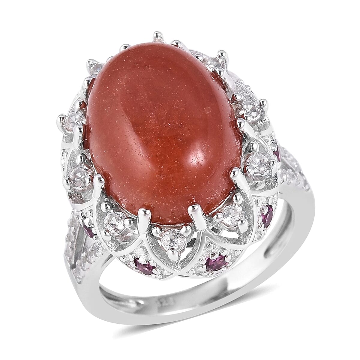 Red Jade (Ovl 16x12 mm), Natural White Cambodian Zircon and Rhodolite Garnet Ring in Rhodium Overlay Sterling Silver 12.52 Ct, Silver wt 6.06 Gms.