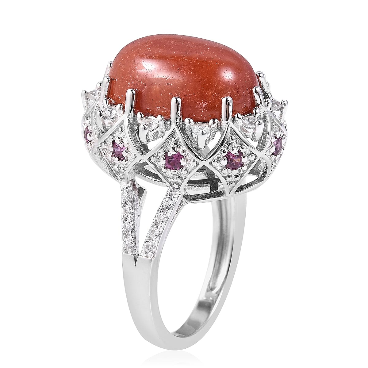 Red Jade (Ovl 16x12 mm), Natural White Cambodian Zircon and Rhodolite Garnet Ring in Rhodium Overlay Sterling Silver 12.52 Ct, Silver wt 6.06 Gms.