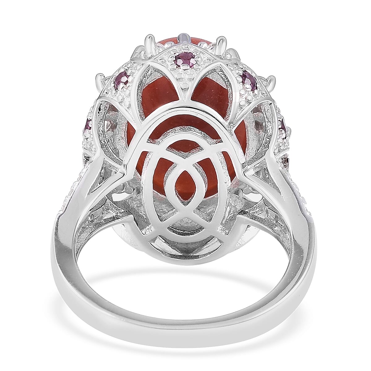 Red Jade (Ovl 16x12 mm), Natural White Cambodian Zircon and Rhodolite Garnet Ring in Rhodium Overlay Sterling Silver 12.52 Ct, Silver wt 6.06 Gms.