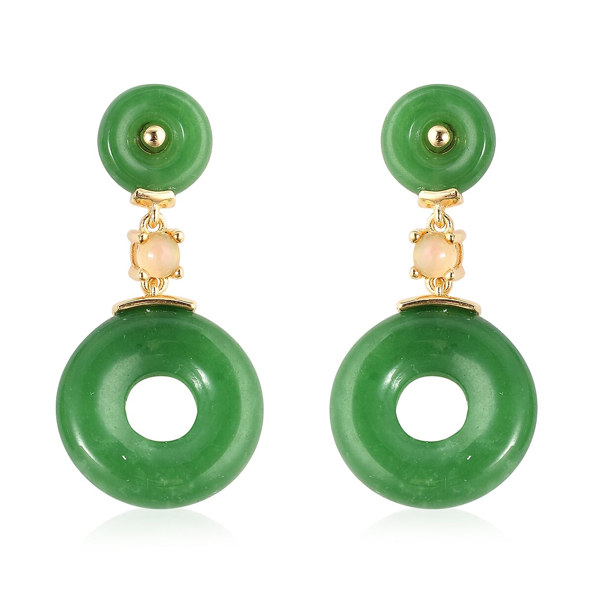 Green Jade and Ethiopian Welo Opal Earrings (with Push Back) in Yellow Gold Vermeil Sterling Silver 35.250 Ct.