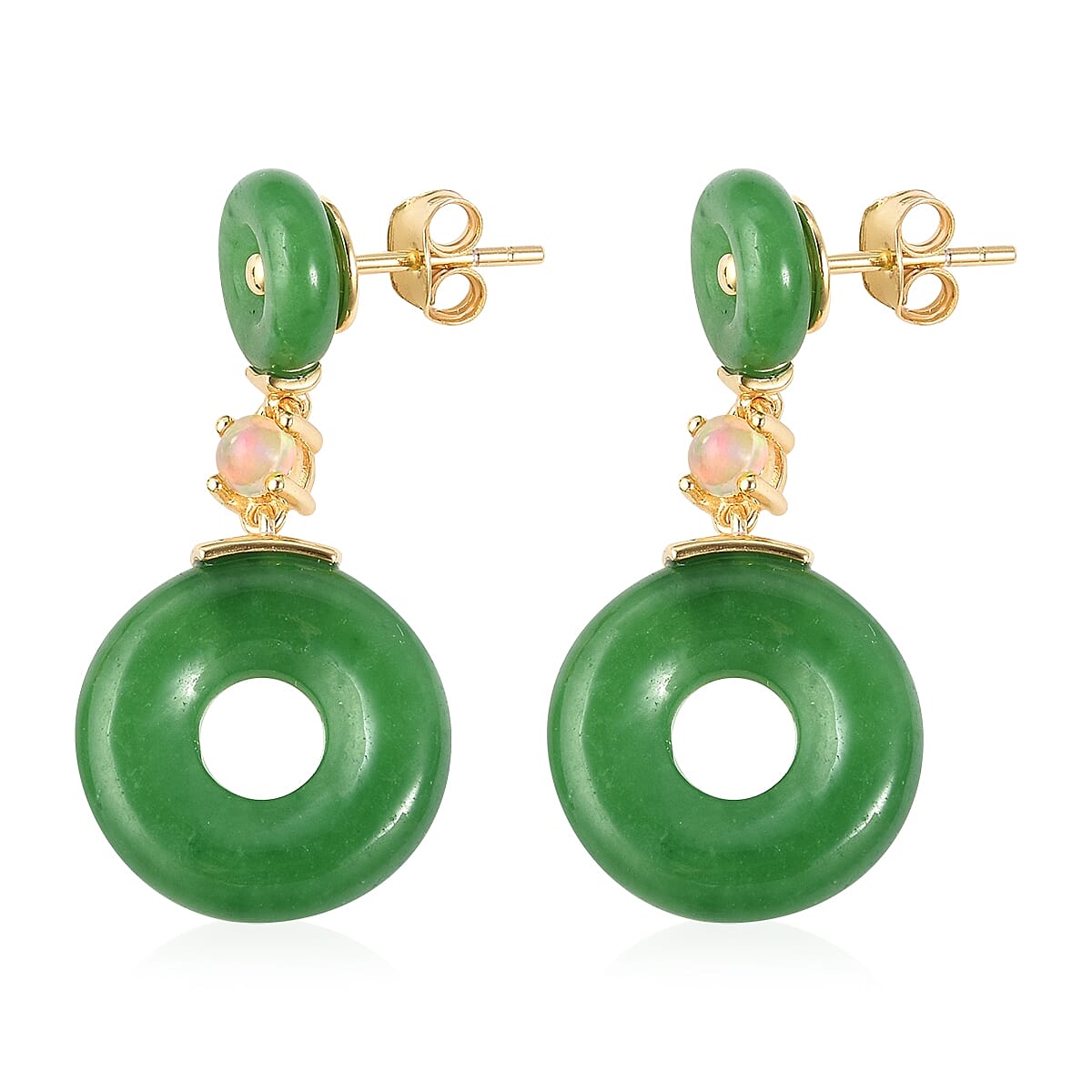 Green Jade and Ethiopian Welo Opal Earrings (with Push Back) in Yellow Gold Vermeil Sterling Silver 35.250 Ct.