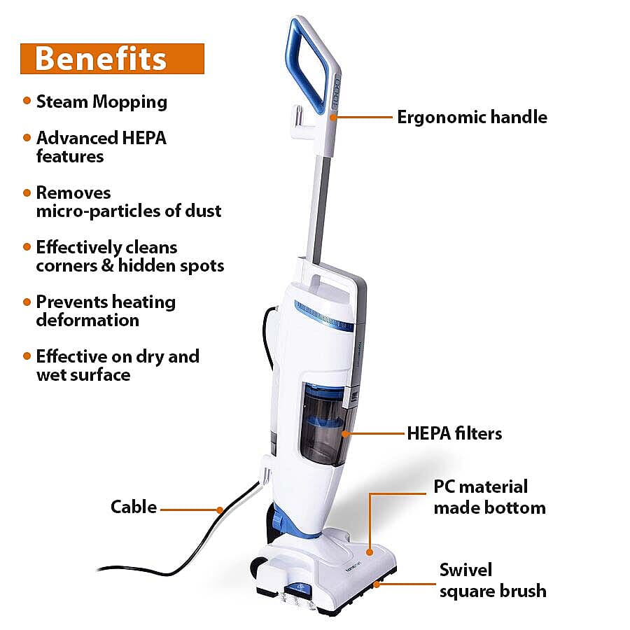 2-in-1 Steam and Vacuum Cleaner with Advanced HEPA Filtration, Mop and Cable Length 8 Metres