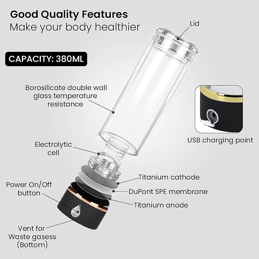 380ml Portable Hydrogen Water Generator Bottle with SPE and PEM Technology (Size 7x21 Cm) - Black