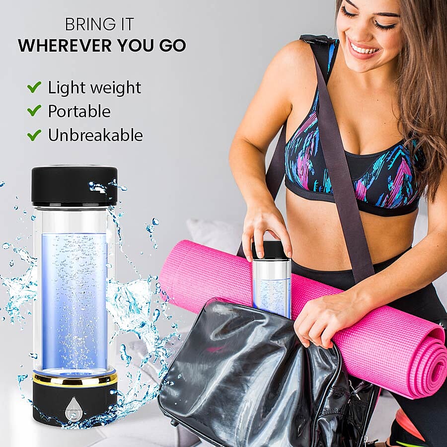 380ml Portable Hydrogen Water Generator Bottle with SPE and PEM Technology (Size 7x21 Cm) - Black