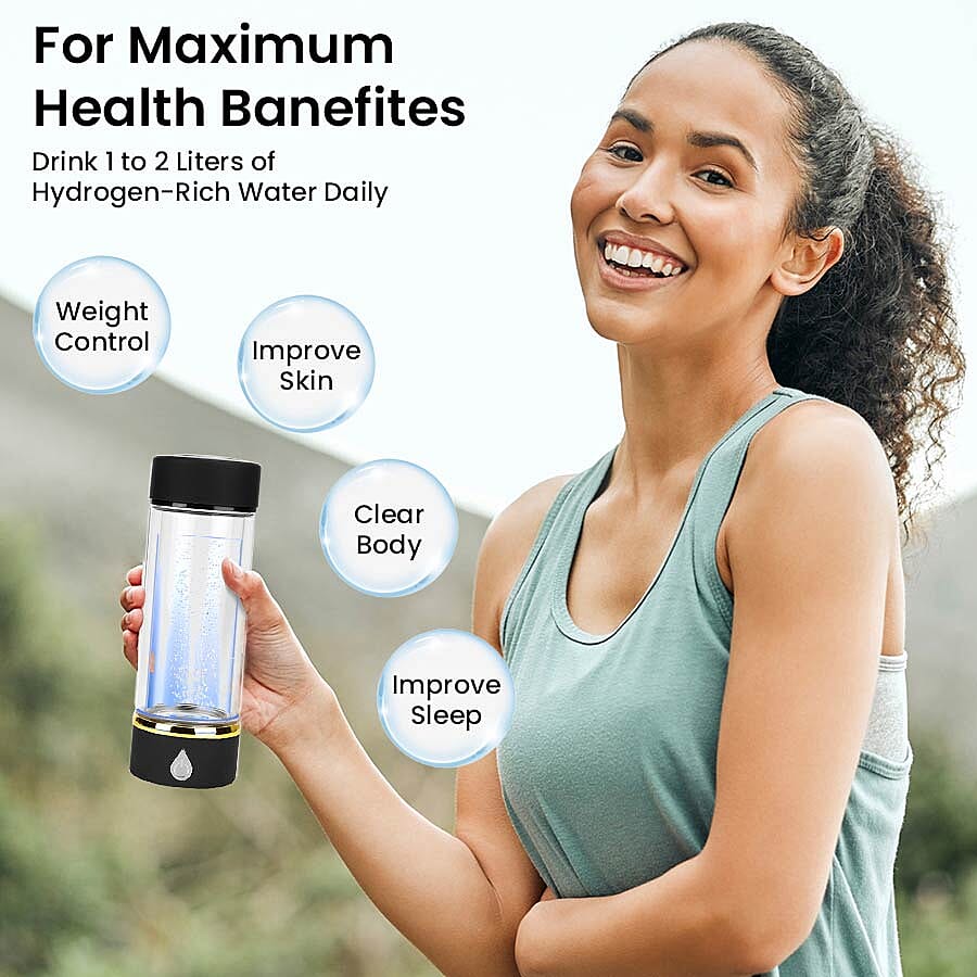 380ml Portable Hydrogen Water Generator Bottle with SPE and PEM Technology (Size 7x21 Cm) - Black