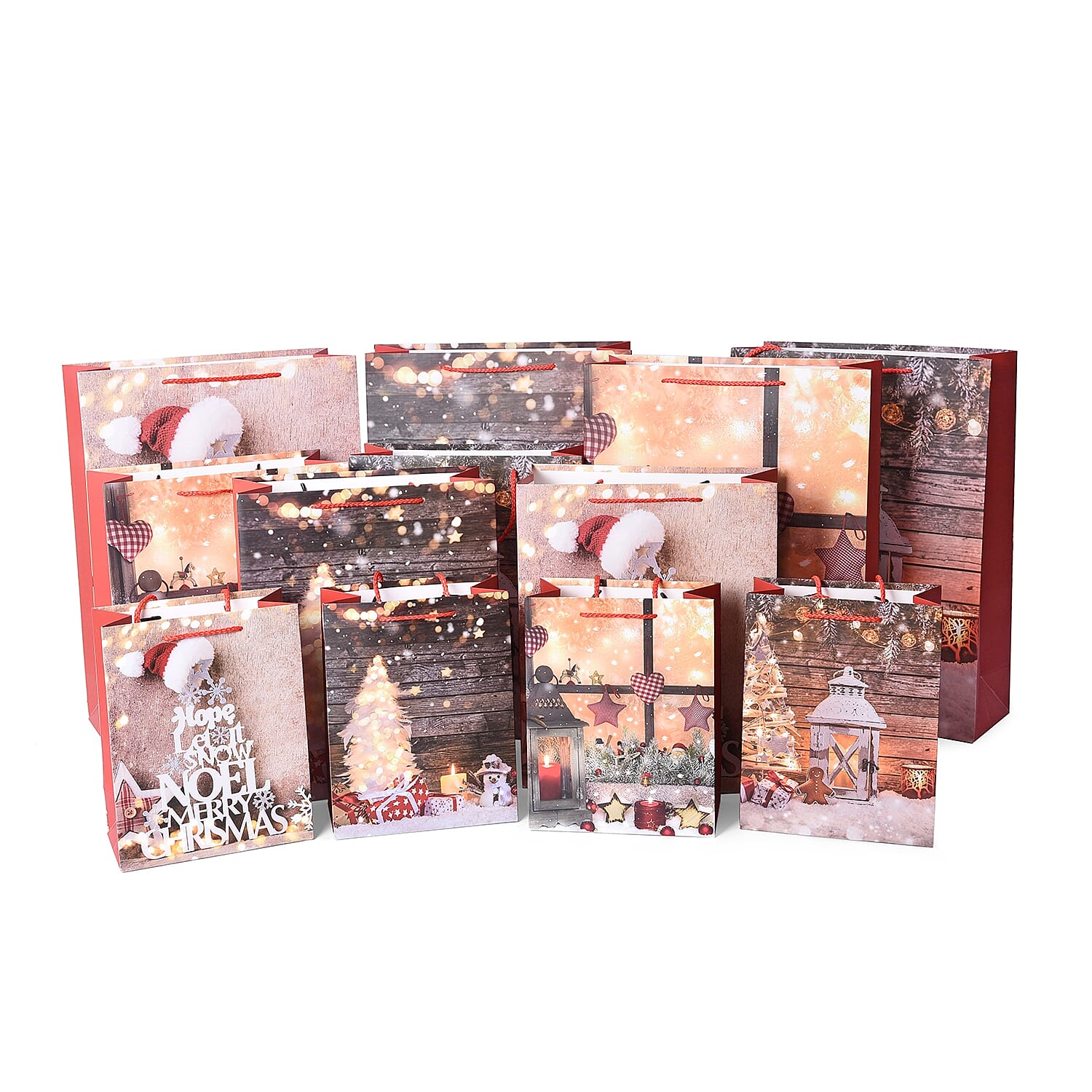 Set of 12 - Christmas Theme Gift Paper Bag in 3 Different Sizes with Name Tags for Each - White and Multi