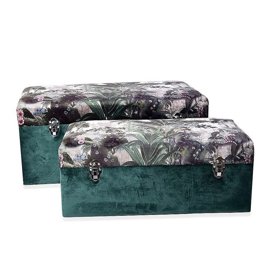 Set of 2 - Forest Pattern Green Velvet Wooden Storage Box