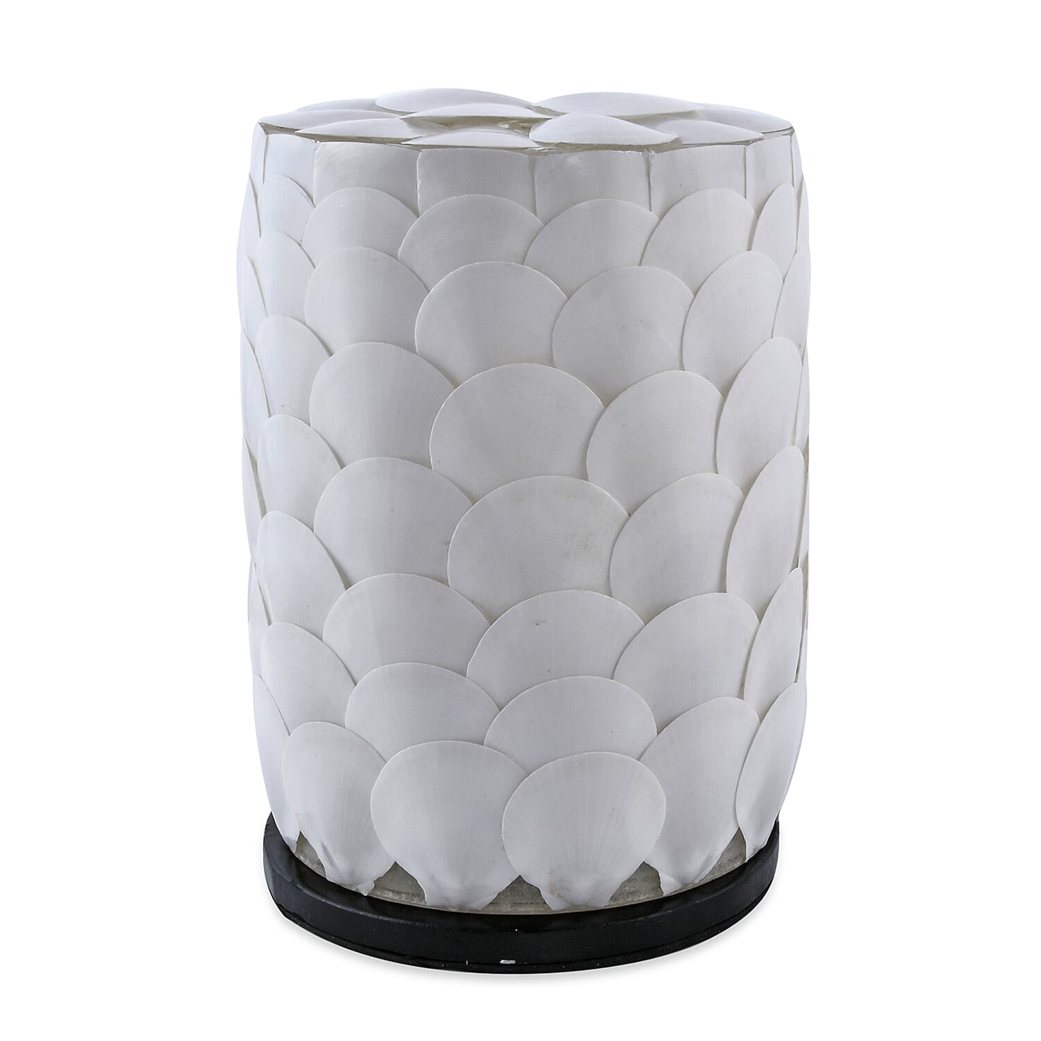 Bali Collection - Handcrafted Seashell ES Battery Table Lamp with Cylindrical Shape Armadillo Motif - White