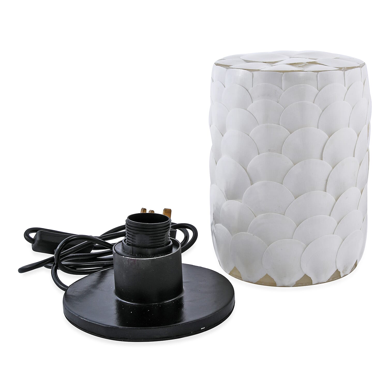 Bali Collection - Handcrafted Seashell ES Battery Table Lamp with Cylindrical Shape Armadillo Motif - White