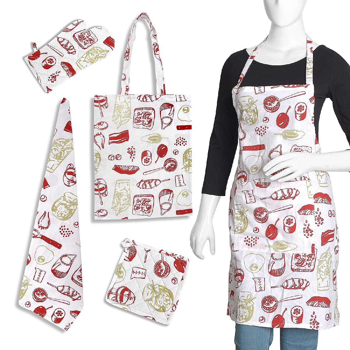 5 Piece Set - 100% Cotton Screen Printed Apron (65x100 Cm), Pot Holder (20x20 Cm), Glove (18x32 Cm), Kitchen Towel (40x65 Cm) and a Bag (35x45 Cm) - Red and White