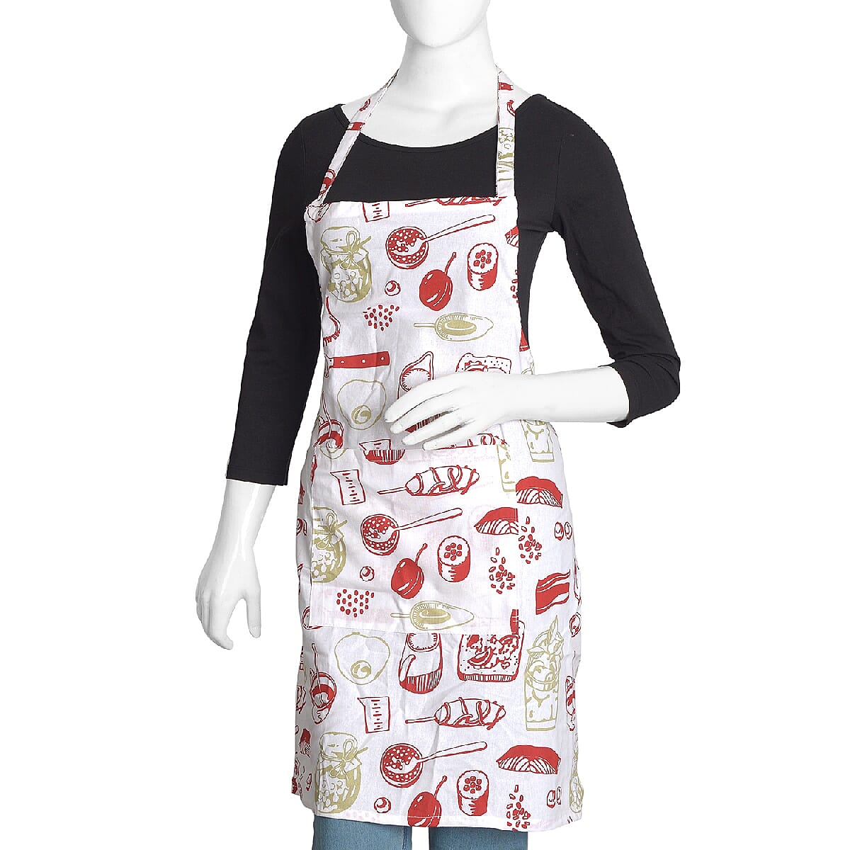 5 Piece Set - 100% Cotton Screen Printed Apron (65x100 Cm), Pot Holder (20x20 Cm), Glove (18x32 Cm), Kitchen Towel (40x65 Cm) and a Bag (35x45 Cm) - Red and White