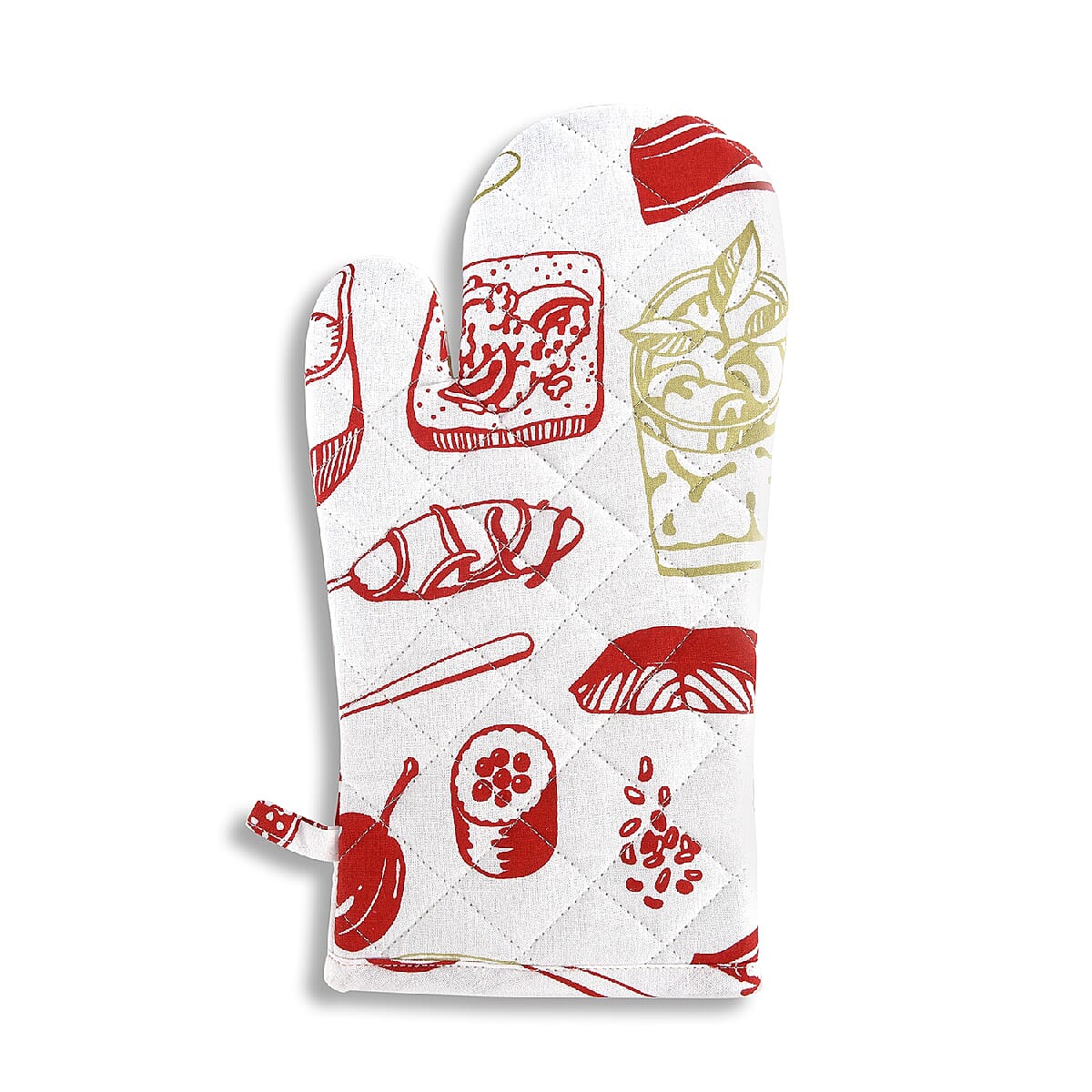 5 Piece Set - 100% Cotton Screen Printed Apron (65x100 Cm), Pot Holder (20x20 Cm), Glove (18x32 Cm), Kitchen Towel (40x65 Cm) and a Bag (35x45 Cm) - Red and White