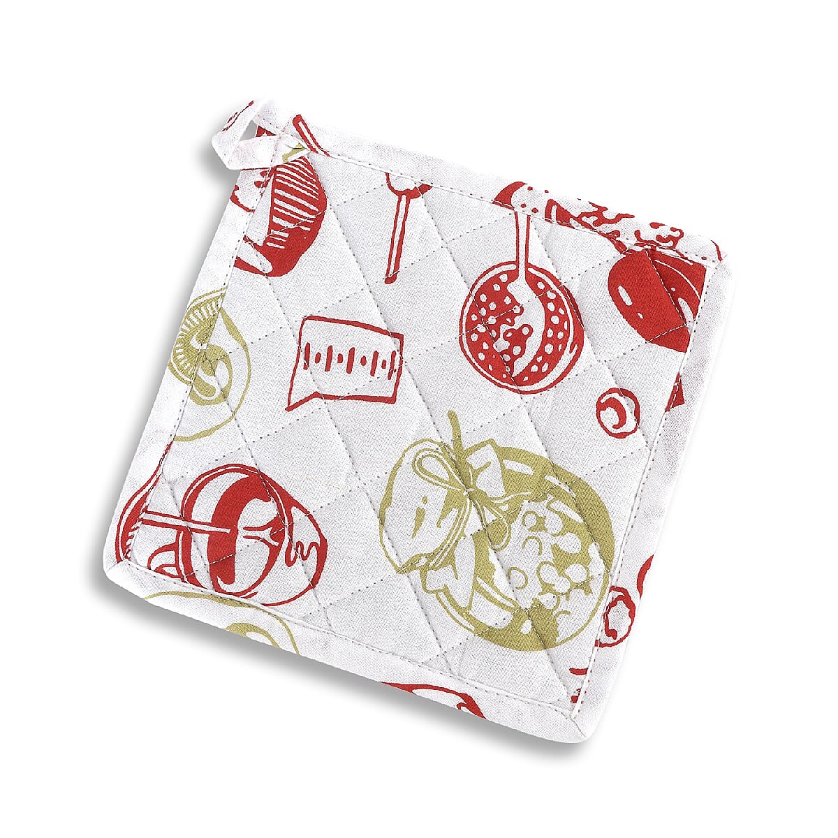 5 Piece Set - 100% Cotton Screen Printed Apron (65x100 Cm), Pot Holder (20x20 Cm), Glove (18x32 Cm), Kitchen Towel (40x65 Cm) and a Bag (35x45 Cm) - Red and White