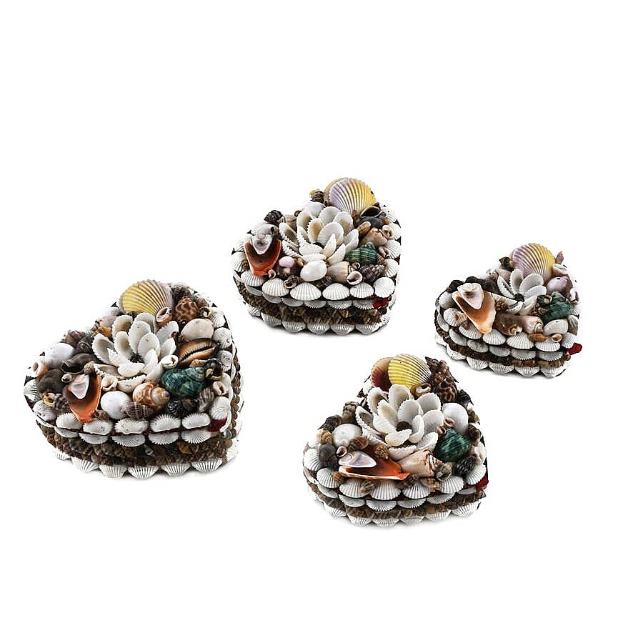 Set of 4 - Hand Crafted Heart Shape Seashell Jewellery Box with Batik Fabric Inside
