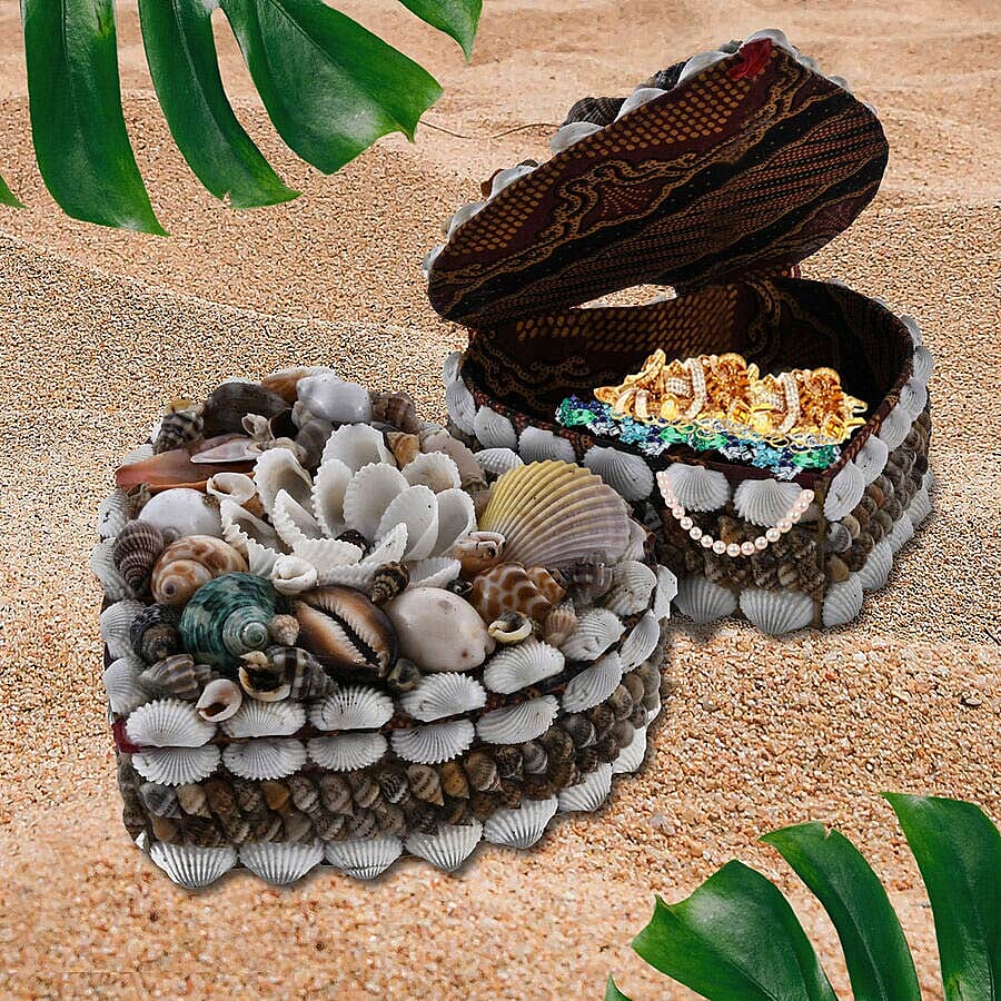 Set of 4 - Hand Crafted Heart Shape Seashell Jewellery Box with Batik Fabric Inside