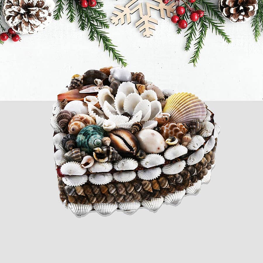 Set of 4 - Hand Crafted Heart Shape Seashell Jewellery Box with Batik Fabric Inside