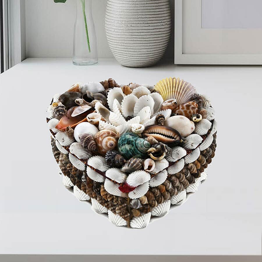 Set of 4 - Hand Crafted Heart Shape Seashell Jewellery Box with Batik Fabric Inside