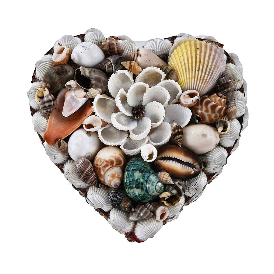 Set of 4 - Hand Crafted Heart Shape Seashell Jewellery Box with Batik Fabric Inside