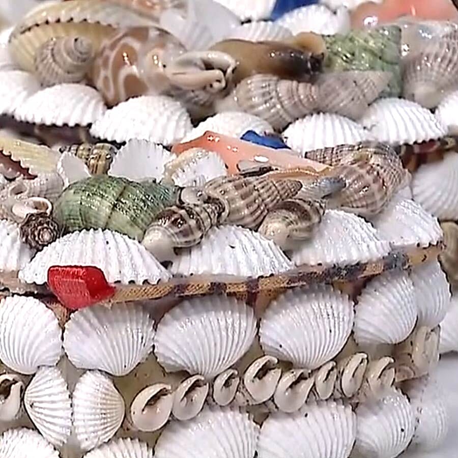 Set of 4 - Hand Crafted Round Shape Seashell Jewellery Box with Batik Fabric Inside