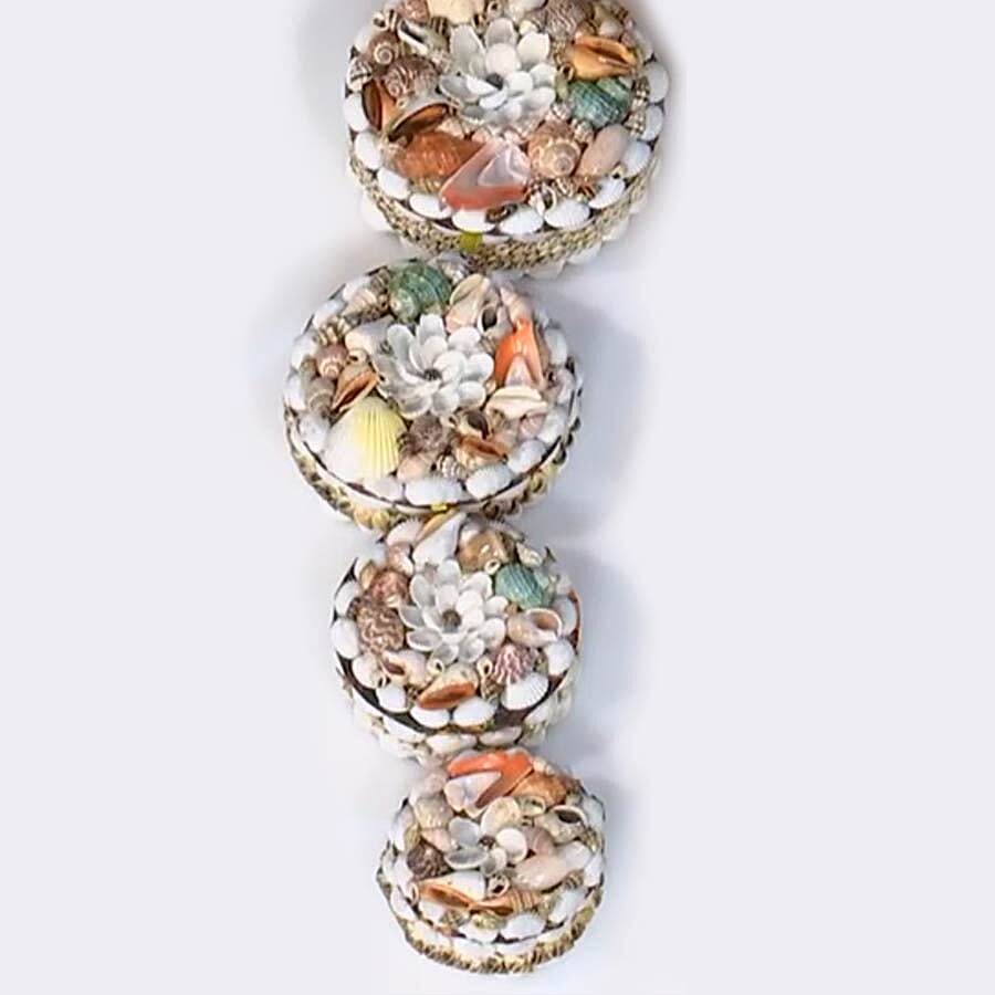 Set of 4 - Hand Crafted Round Shape Seashell Jewellery Box with Batik Fabric Inside