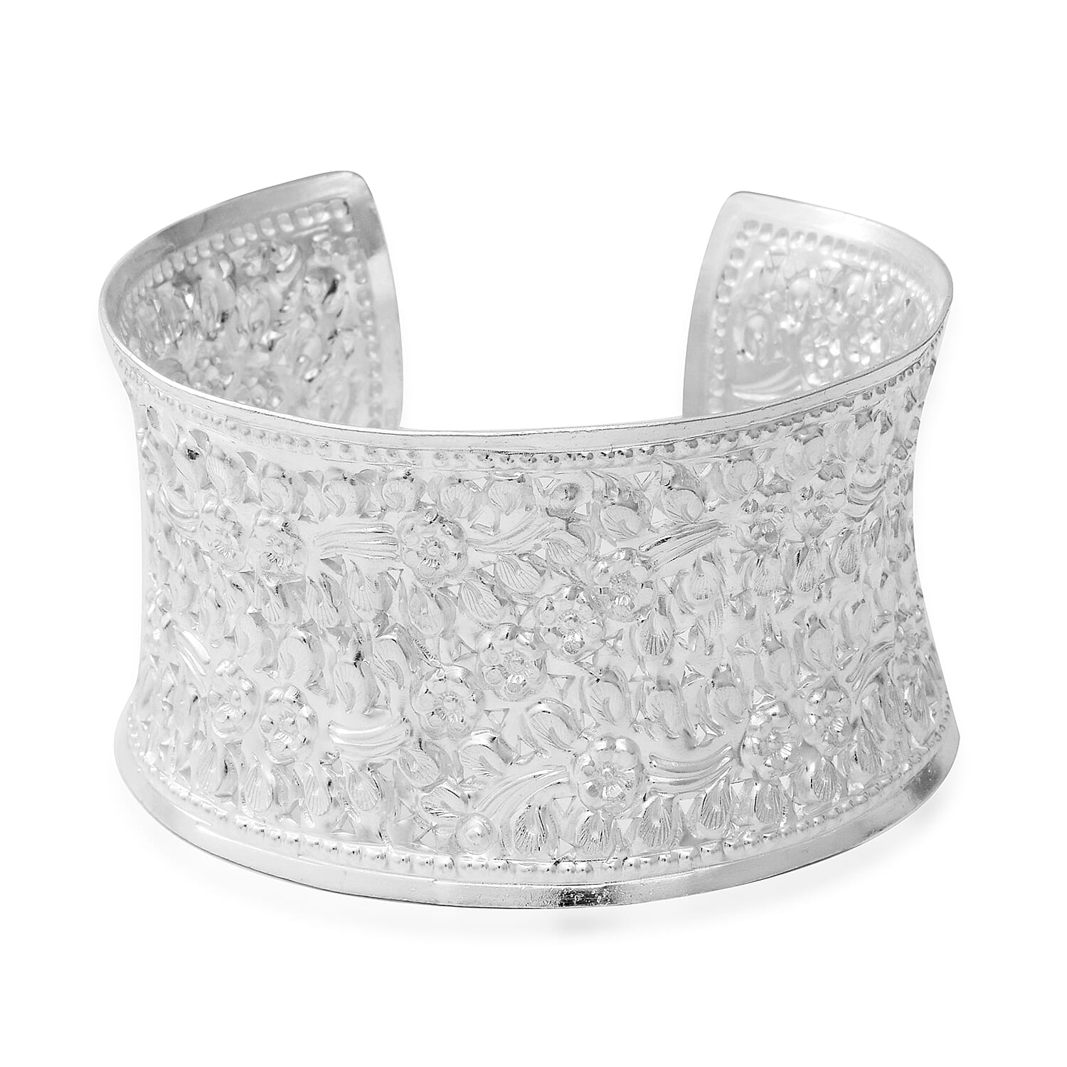 Sterling Silver Cuff Floral Bangle (Size 7 to 9 inch), Silver wt 49.57 Gms