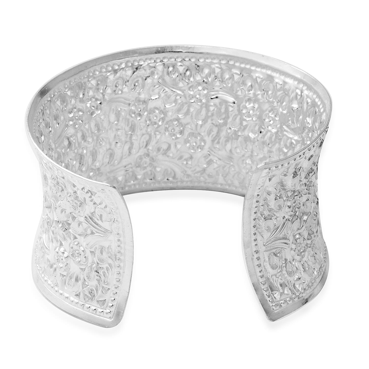 Sterling Silver Cuff Floral Bangle (Size 7 to 9 inch), Silver wt 49.57 Gms
