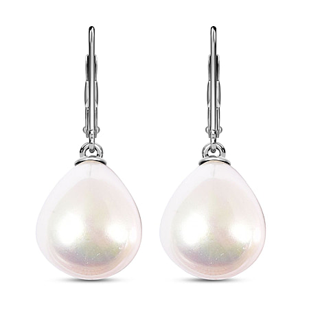 White Shell Pearl Solitaire Drop Earrings in Sterling Silver with Rhodium Plating