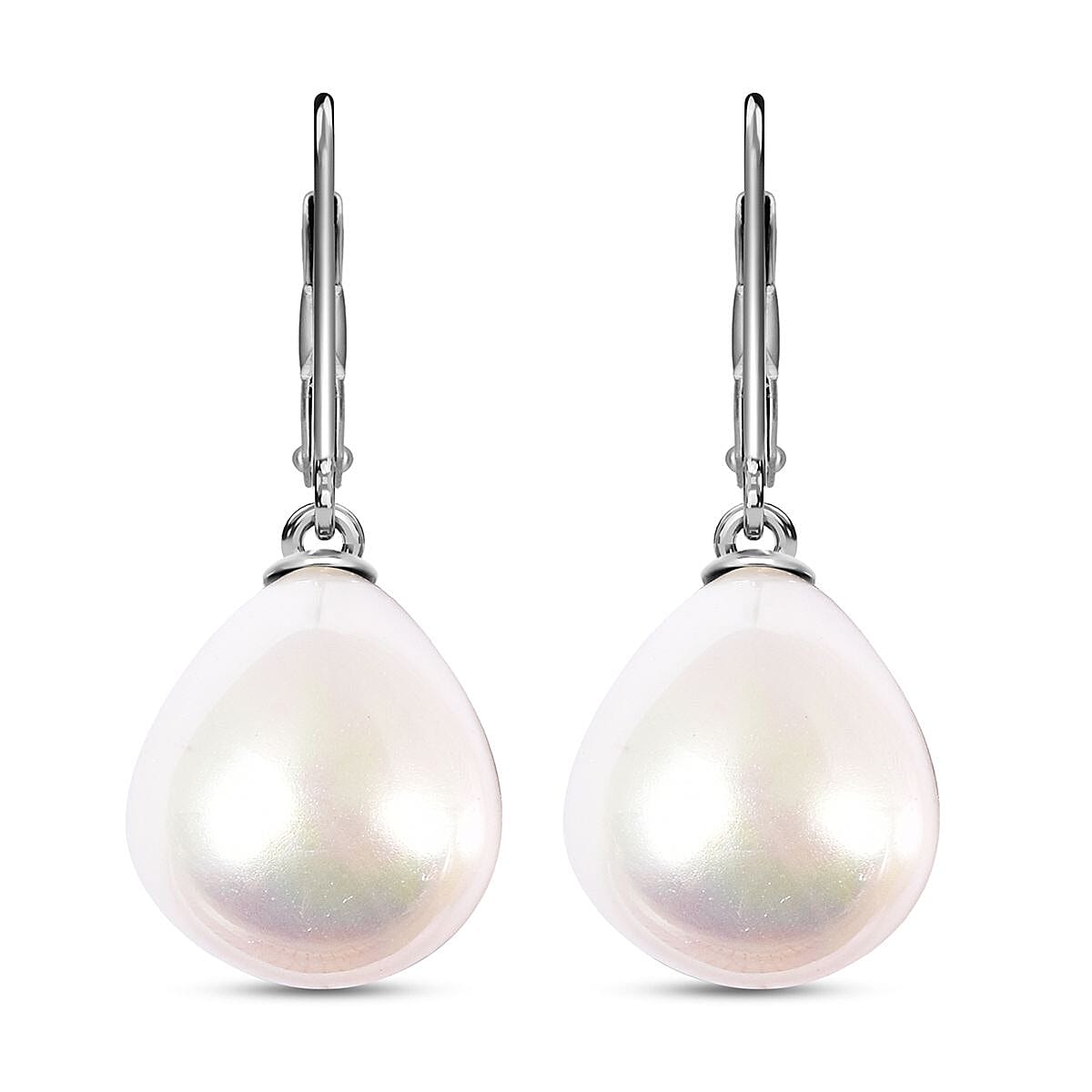 White Shell Pearl Drop Lever Back Earrings in Rhodium Overlay Sterling Silver 25.00 Ct.