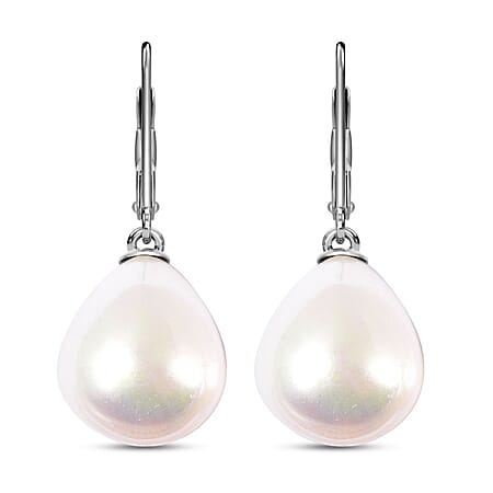 White Shell Pearl Solitaire Drop Earrings in Sterling Silver with Rhodium Plating