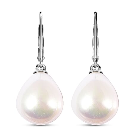 White Shell Pearl Drop Lever Back Earrings in Rhodium Overlay Sterling Silver 27.76 Ct.