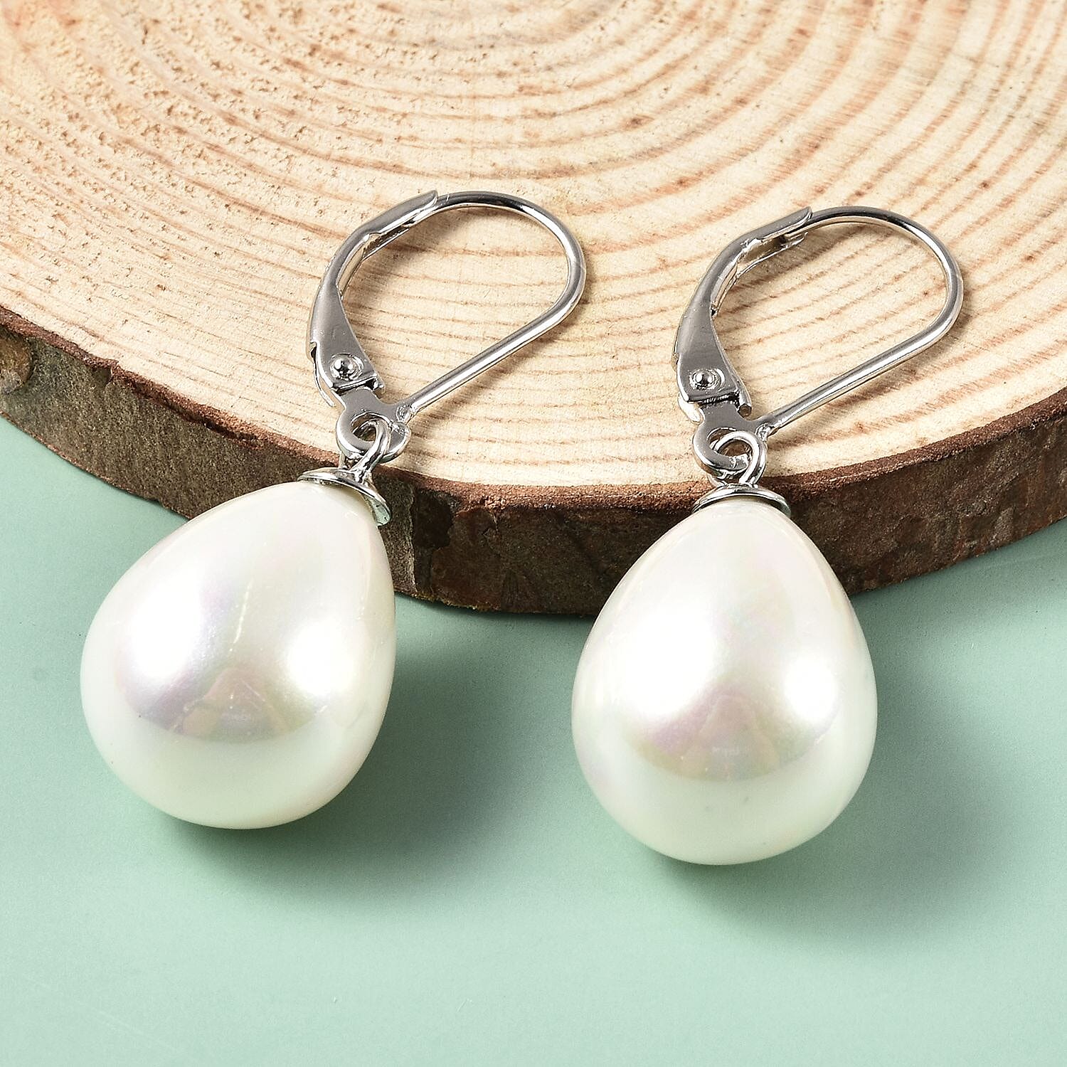 White Shell Pearl Drop Lever Back Earrings in Rhodium Overlay Sterling Silver 25.00 Ct.